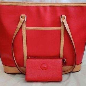 Dooney & Bourke Red Leather With Tan Accents Tote Bag and Matching Coin Bag